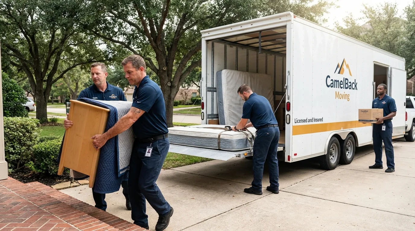 Crew loading residential truck for cross-state move from Parshall, ND