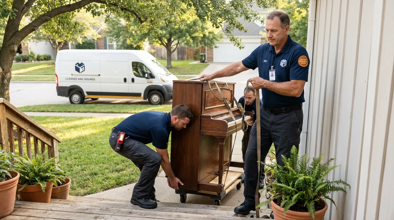 Licensed piano movers securing grand piano in Parshall, ND