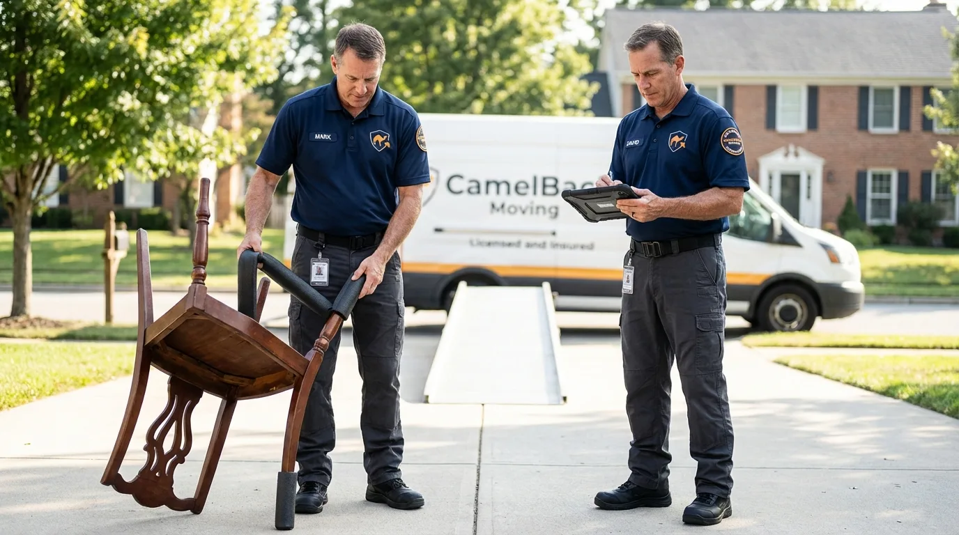 Movers inspecting furniture for damage prevention before loading in Parshall, ND