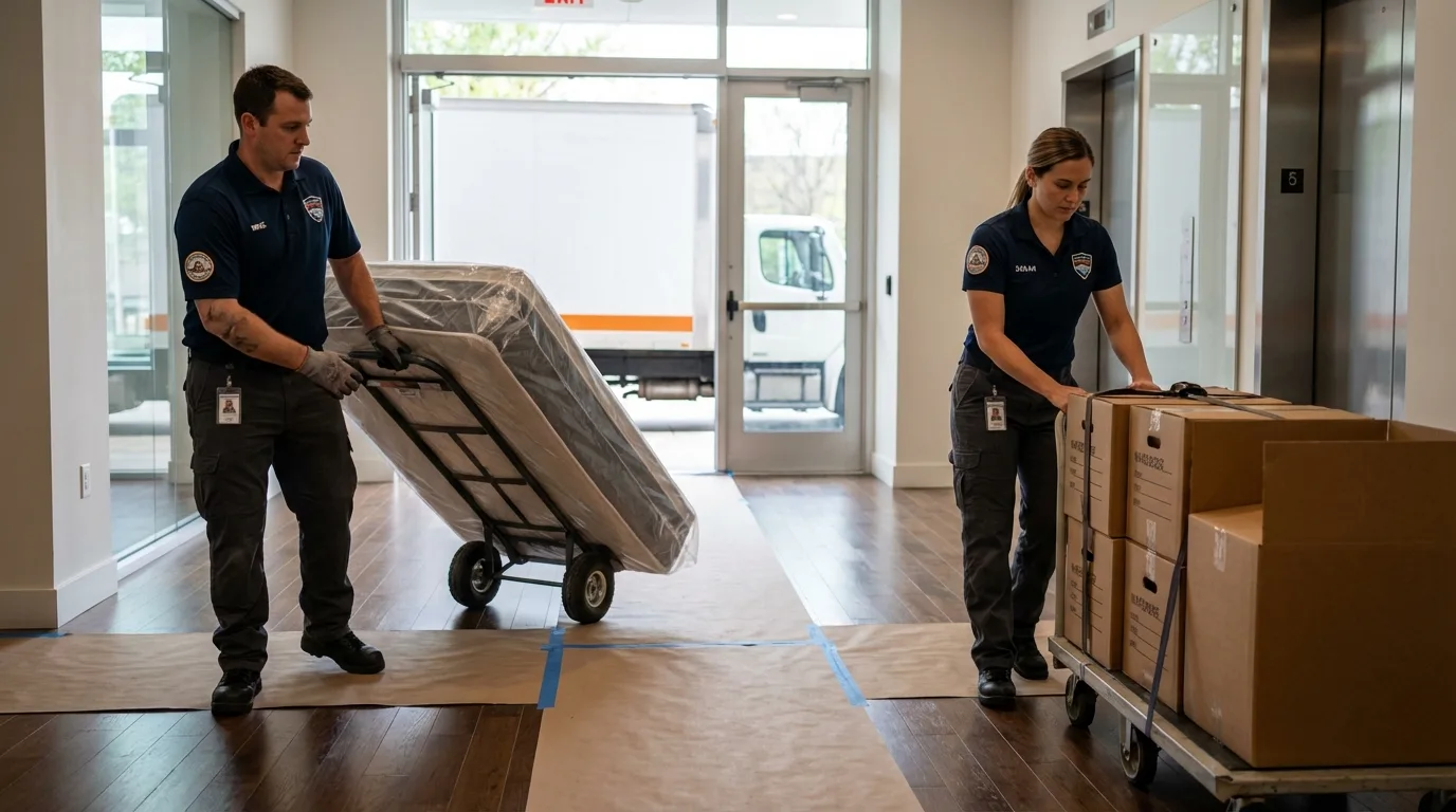Professional apartment movers loading elevator in Parshall, ND